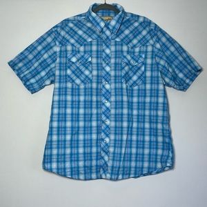 Mens XL Wrangler Western Fashion Pearl Snap Blue/Green Plaid Short Sleeve Shirt